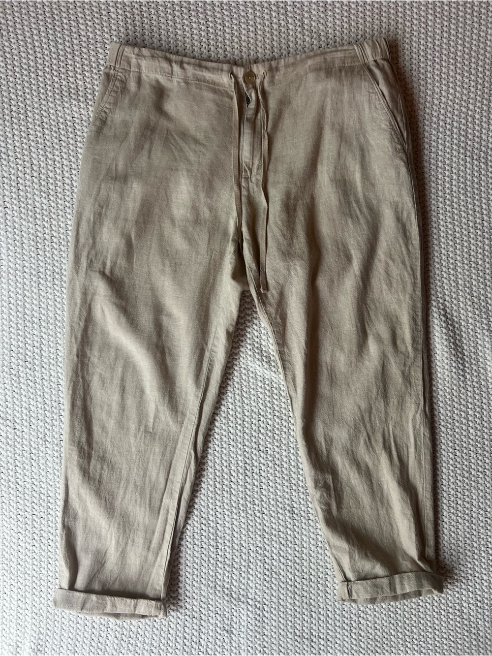 Uniqlo Linen Cotton Relaxed Tan Light Khaki Classic Beach Pants Size XL 32-34